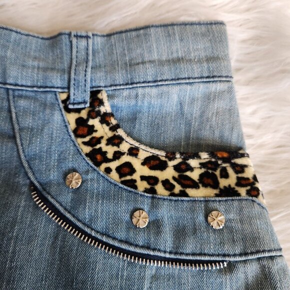 Vintage Y2K Denim Maxi Skirt Appliqué Patchwork Purse Leopard Long‎ Sz 30 - Picture 5 of 15